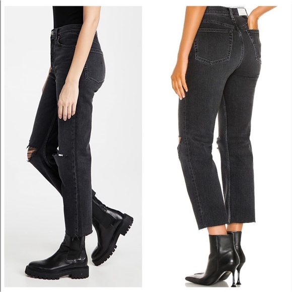 Re/done Originals 70s Stove Pipe Jeans Faded Coal With Rips Size 26 - Picture 2 of 11